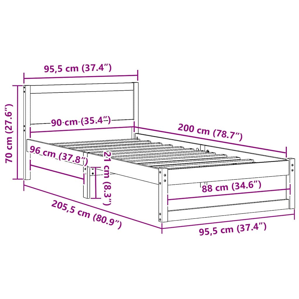 Bettgestell mit Kopfteil Braun 90 x 200 cm Massivholz Kiefer